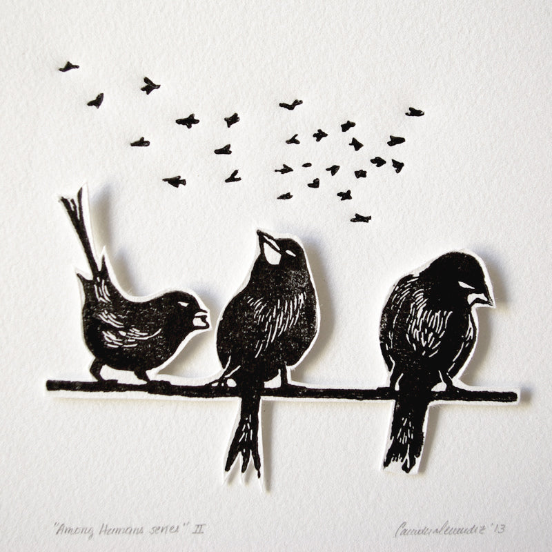 Linocut mini print of black birds