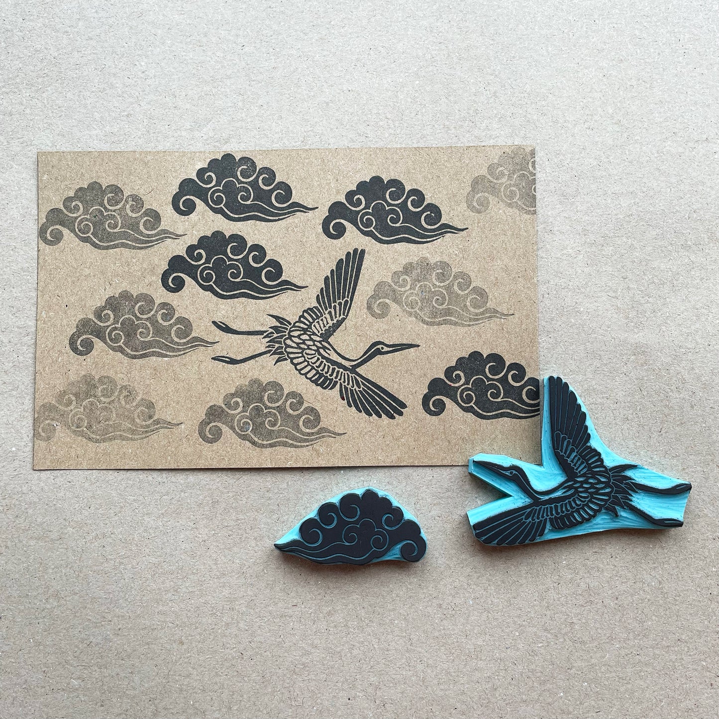 Crane bird and cloud rubber stamp, Japanese rubber stamp design