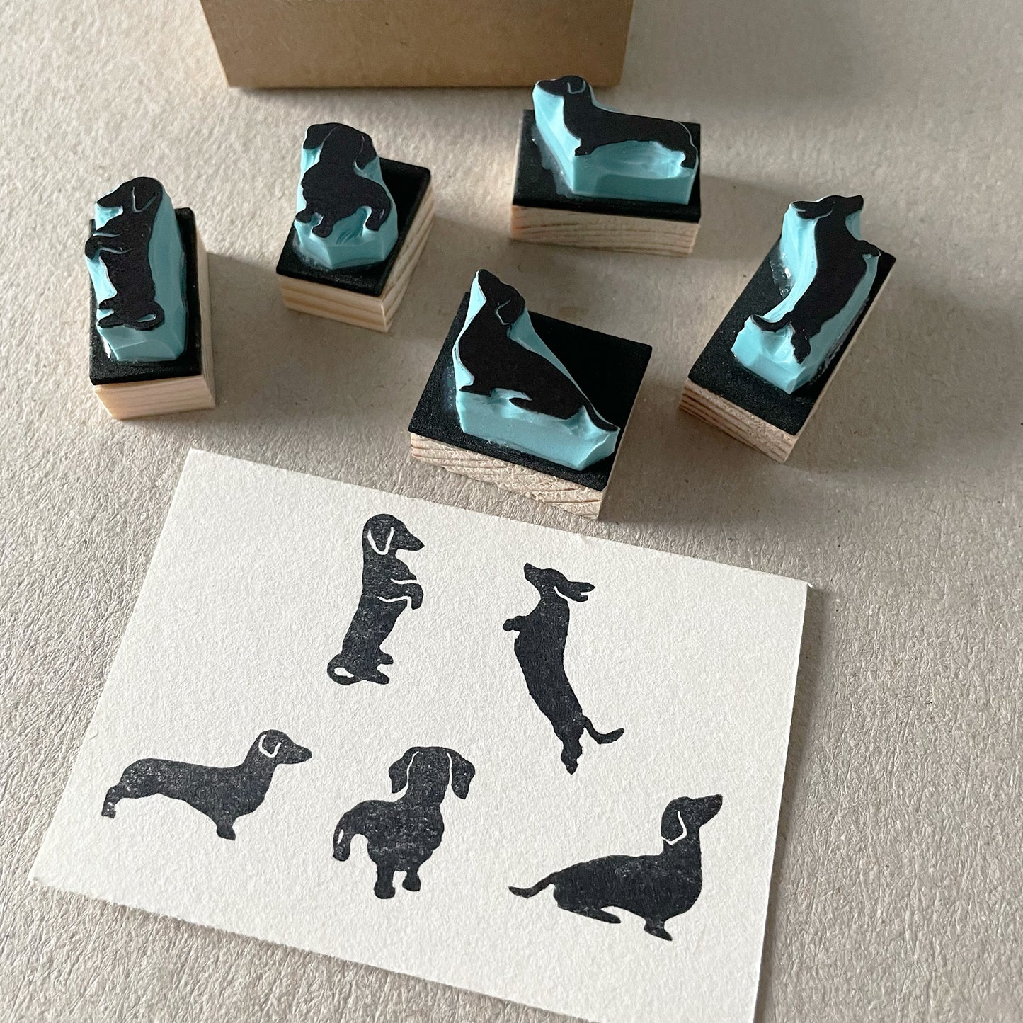 Hand carved rubber stamp set of 5 mini Dachshund dogs