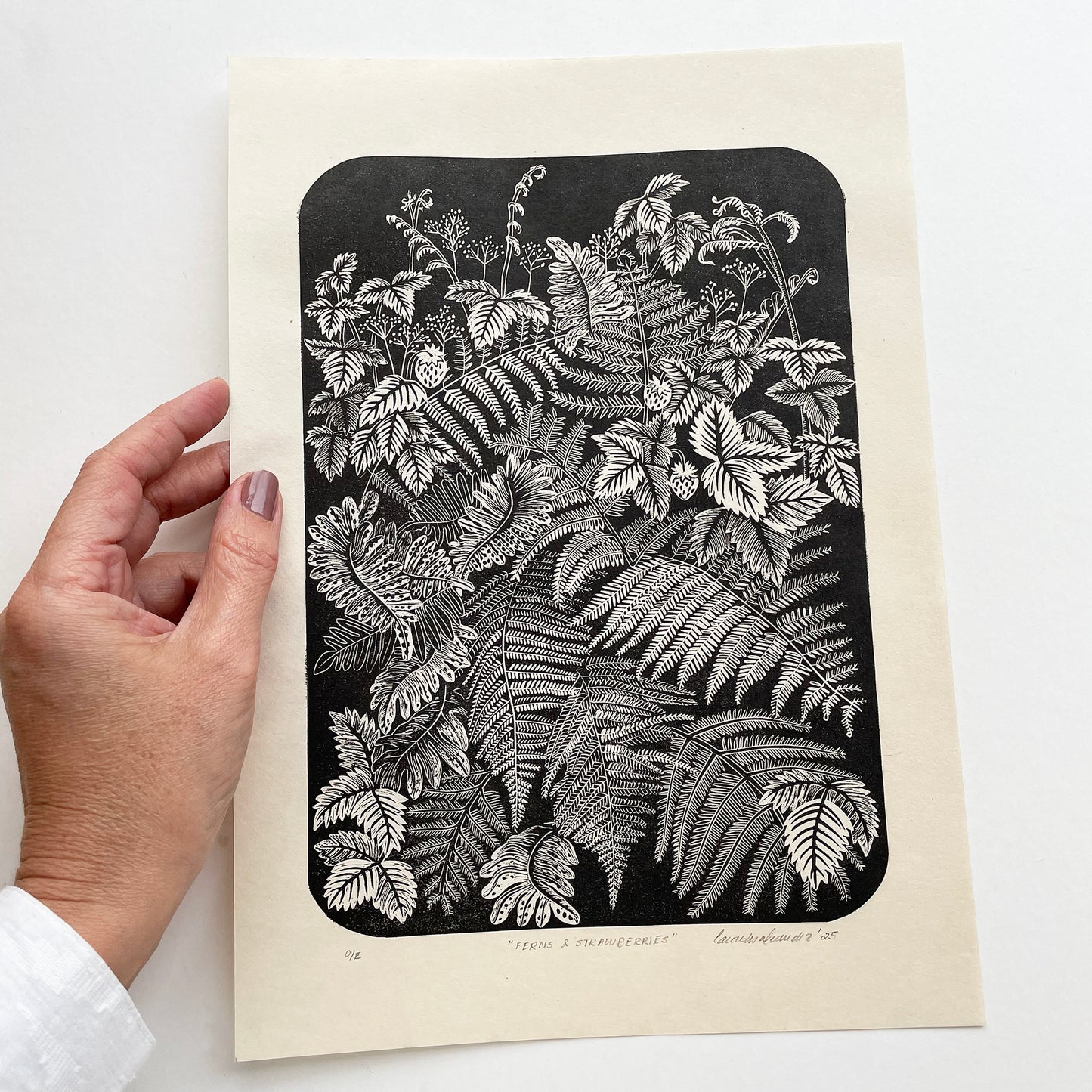 Ferns and strawberries botanical print