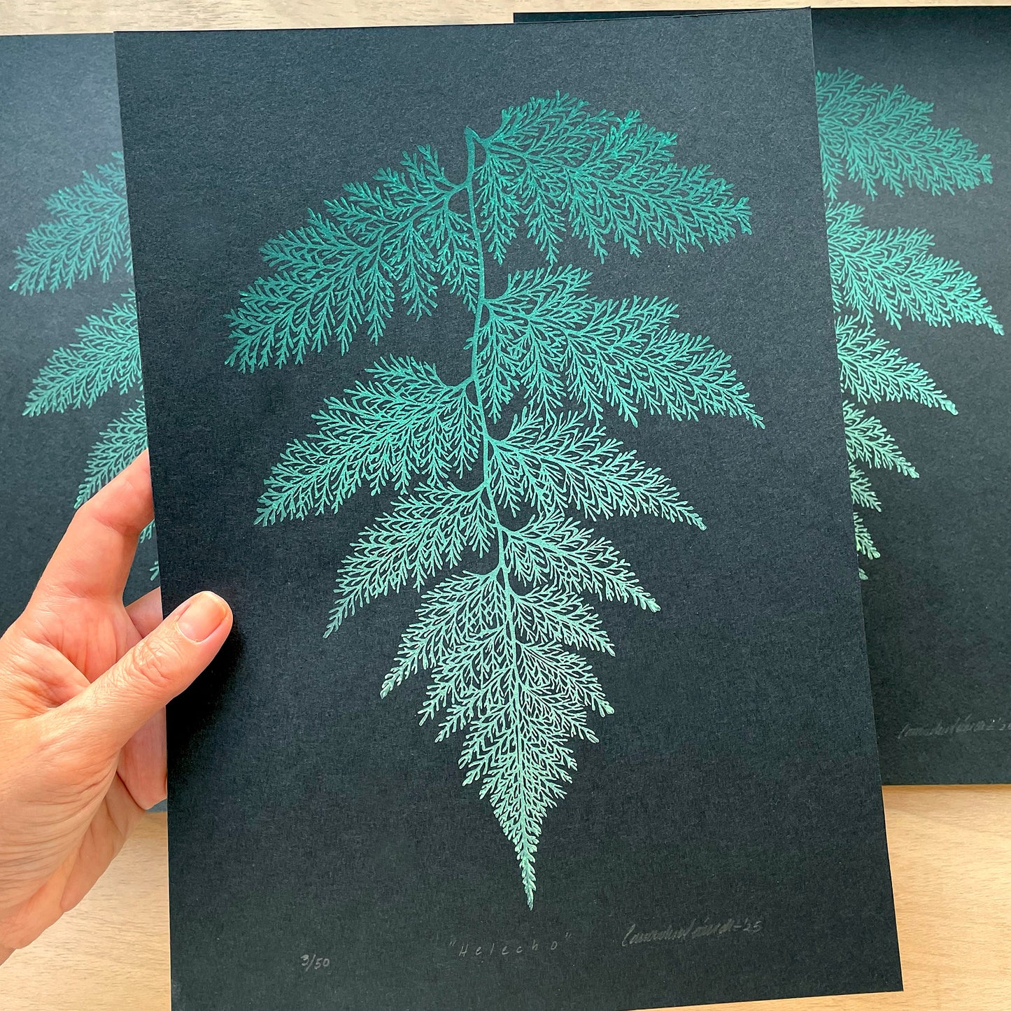 Original block print of a fern leaf for botanical wall decor
