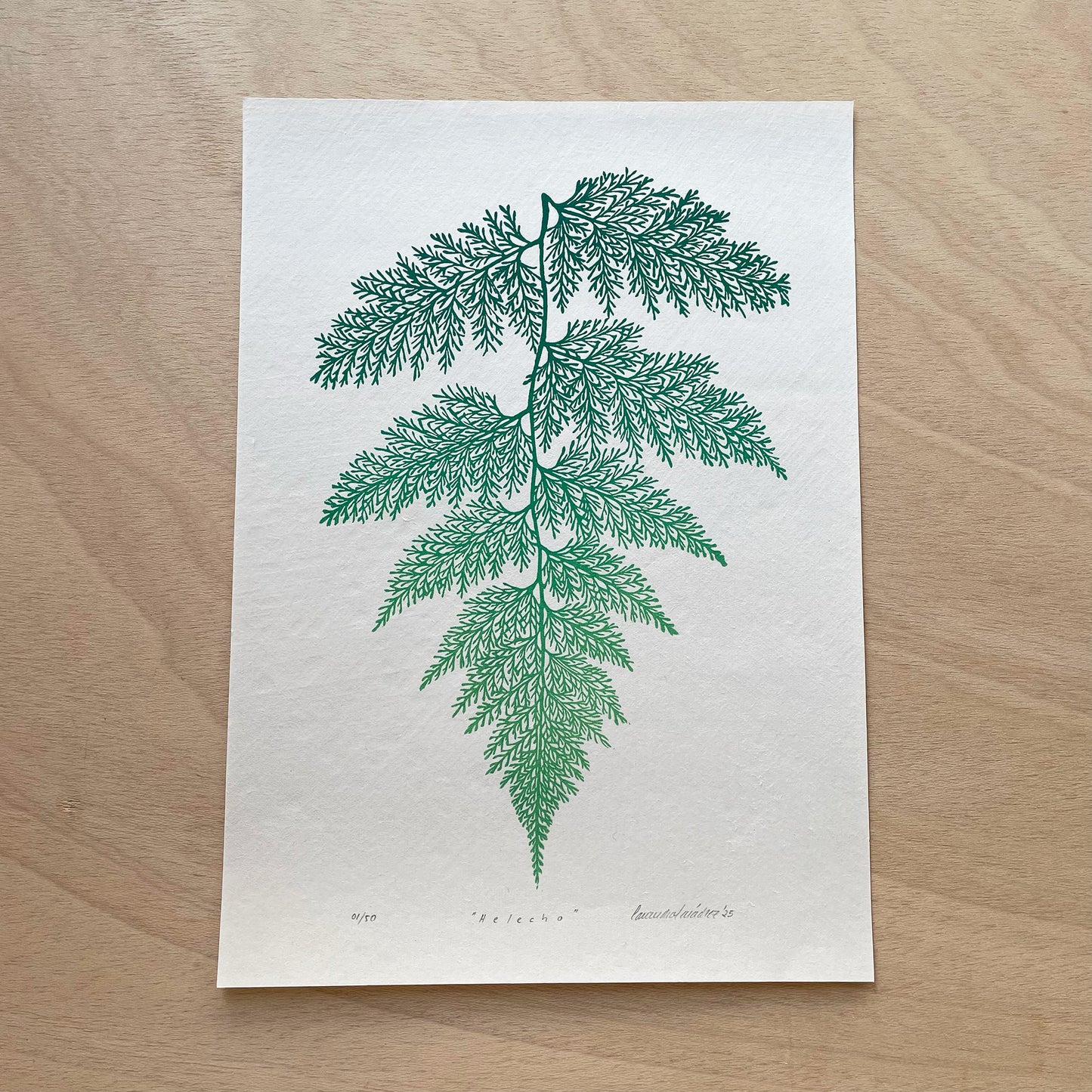 Original block print of a fern leaf for botanical wall decor