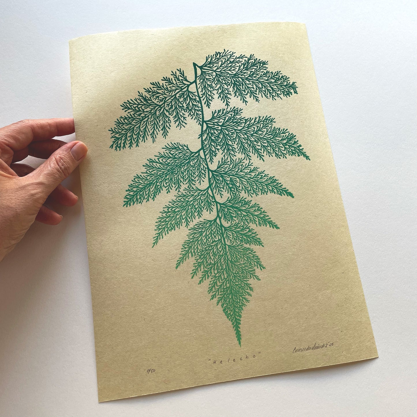 Original block print of a fern leaf for botanical wall decor