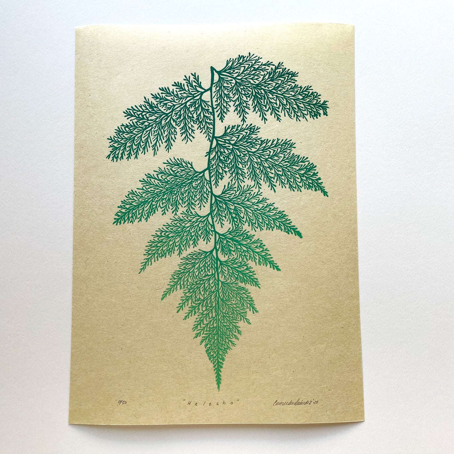 Original block print of a fern leaf for botanical wall decor