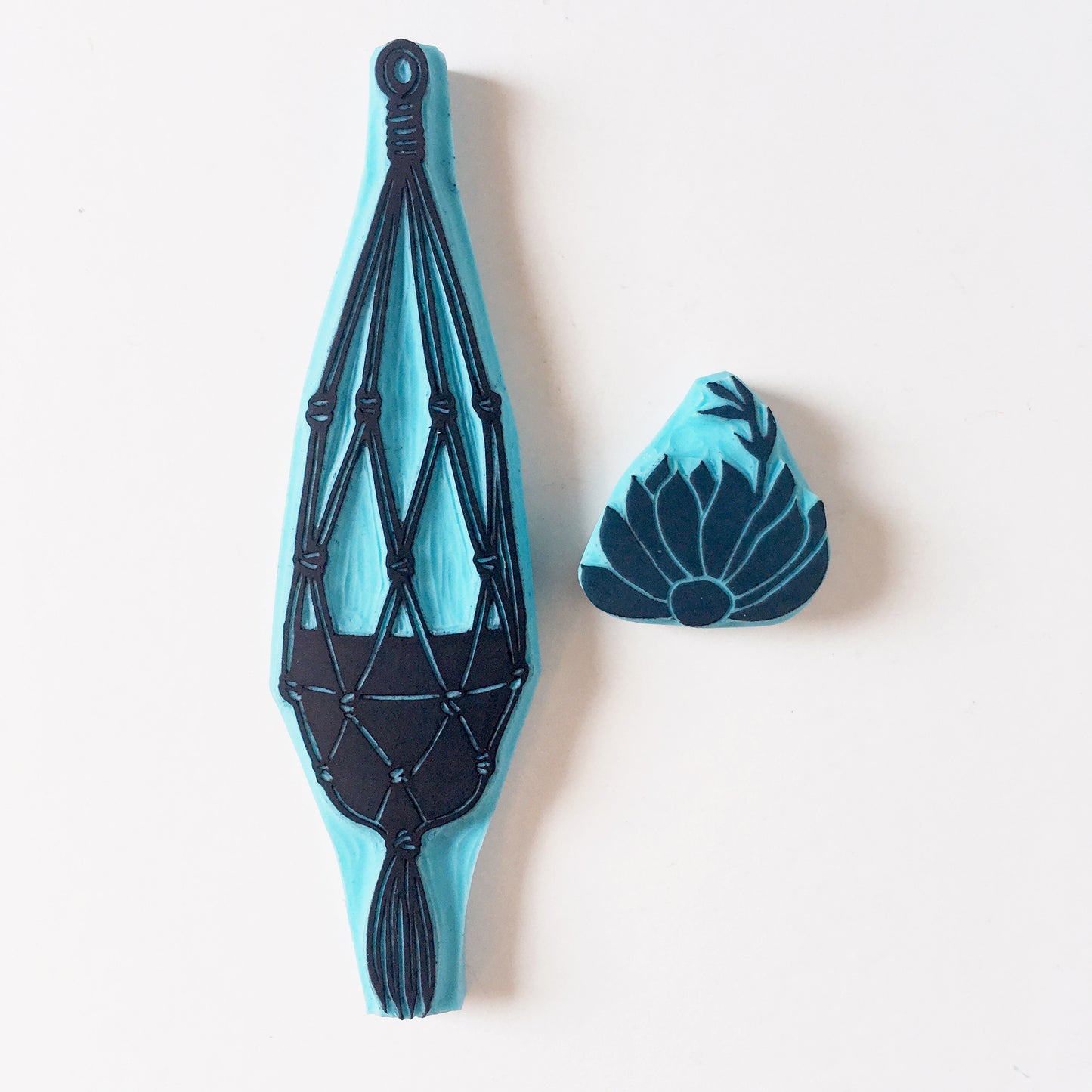 Hand Carved Botanical Stamp Set – Plants & Macrame Hanger