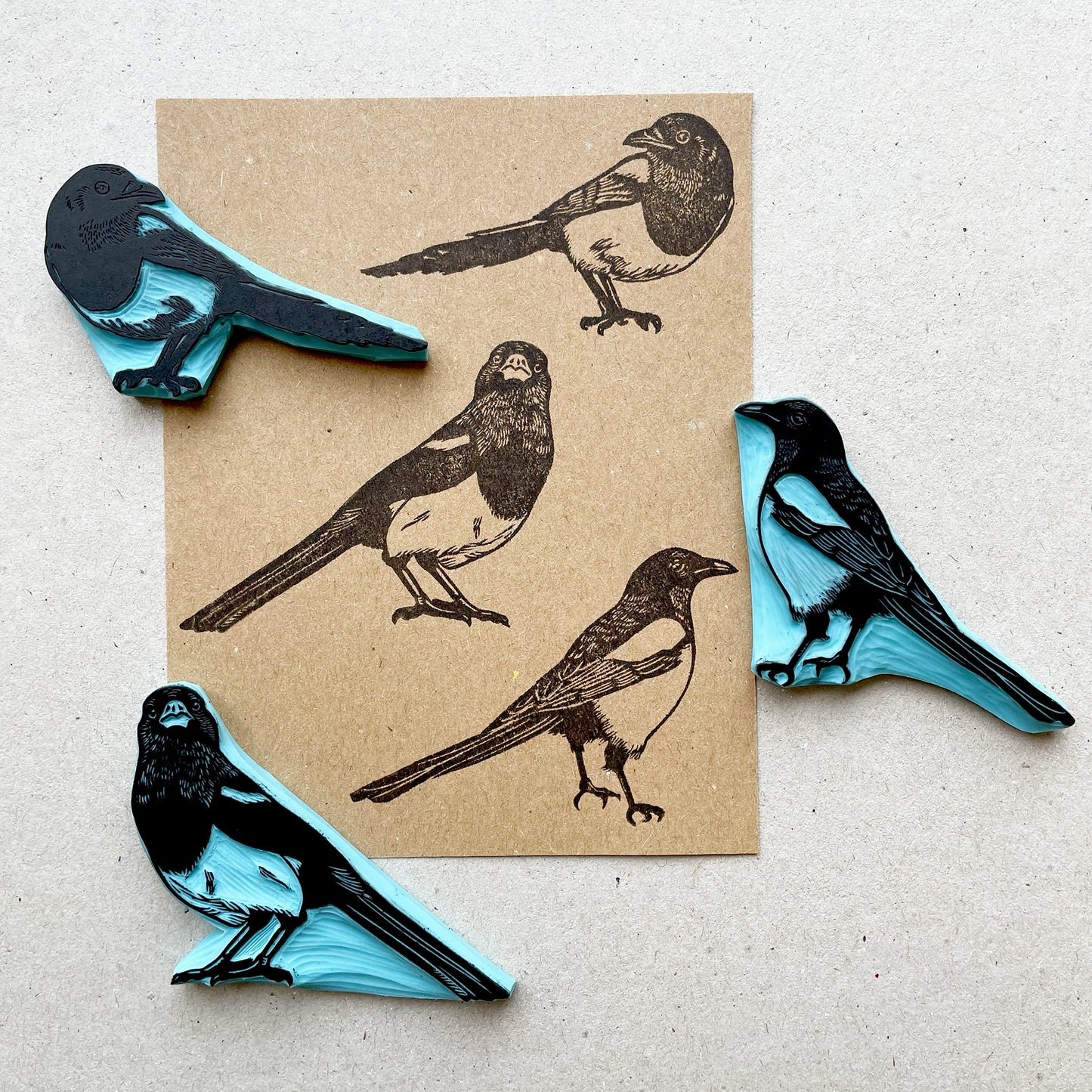 Hand-Carved Magpie Rubber Stamp, 3 Unique Bird Designs for Crafts, Journaling & Scrapbooking