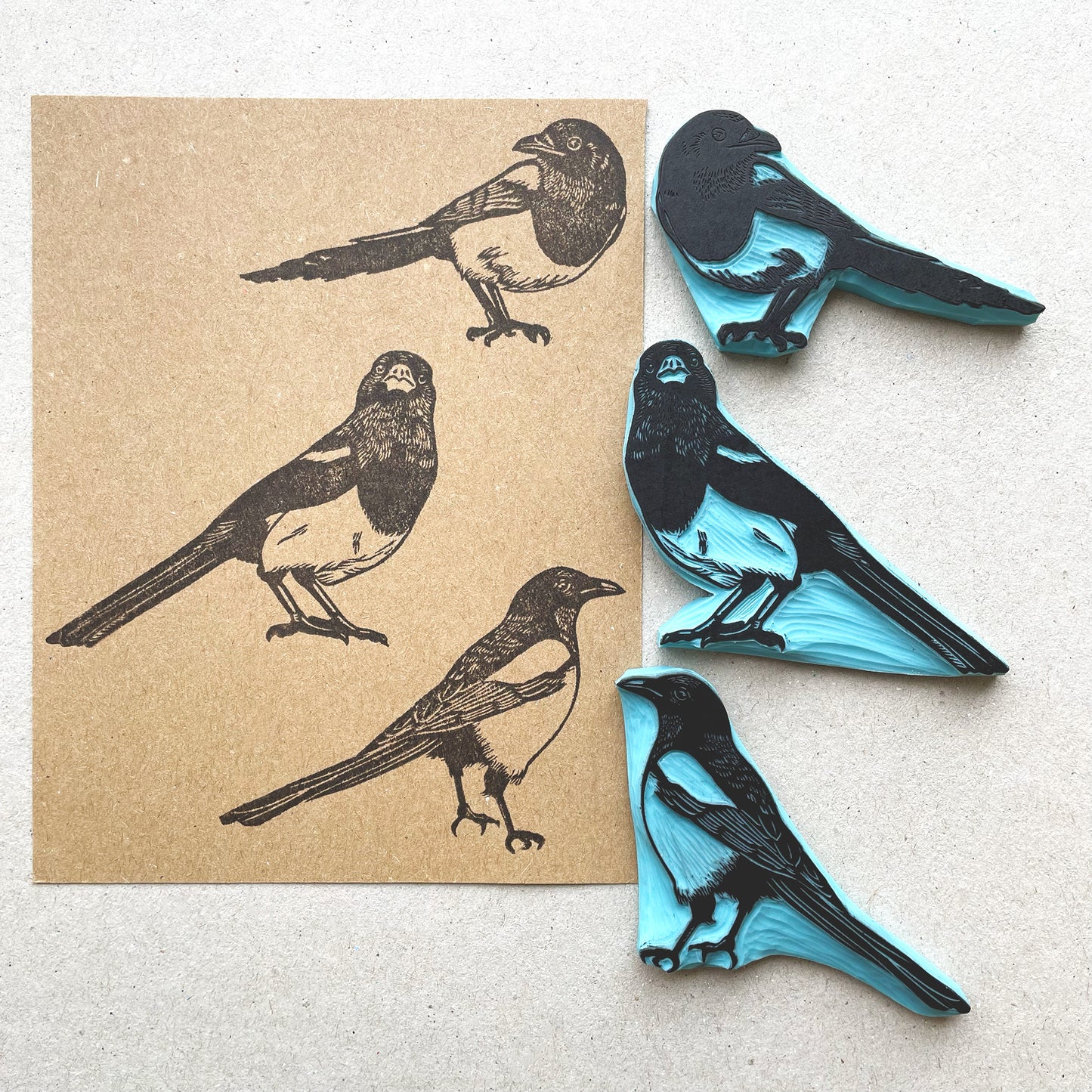 Hand-Carved Magpie Rubber Stamp, 3 Unique Bird Designs for Crafts, Journaling & Scrapbooking