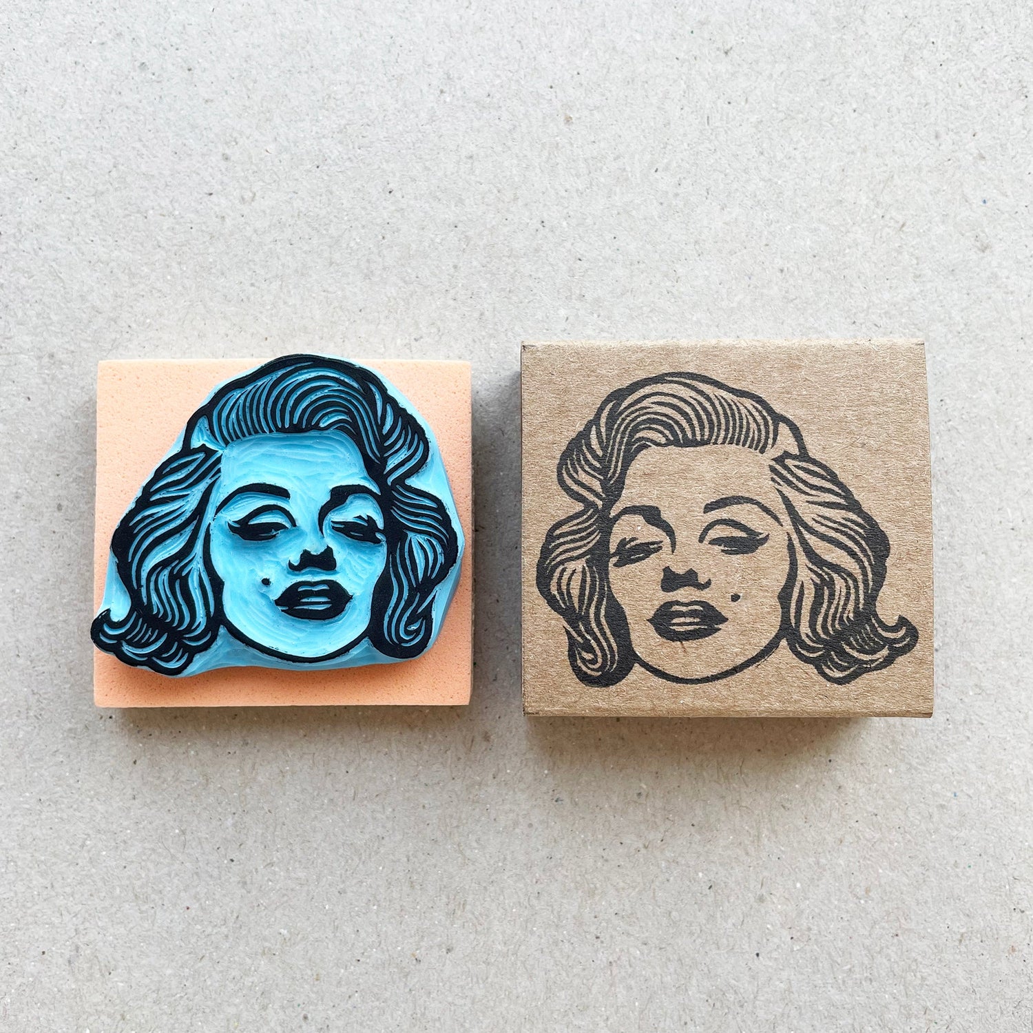 Hand carved rubber stamp and box featuring a vintage woman portrait illustration