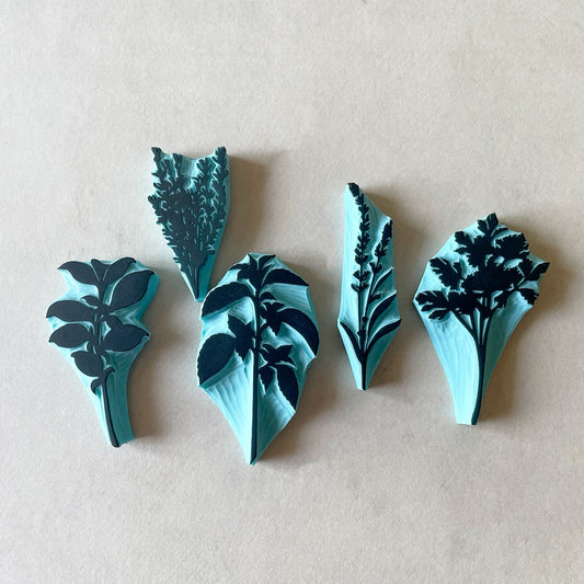 Aromatic Herb Rubber Stamp Set — Hand Carved Silhouette Stamps of Basil, Thyme, Mint, Lavender and Parsley