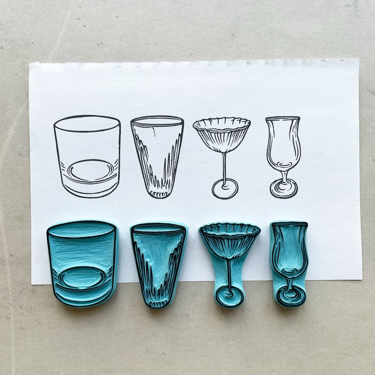 Drink Glass Rubber Stamp Set, Cocktail Bar Illustration, Vintage Kitchen Design