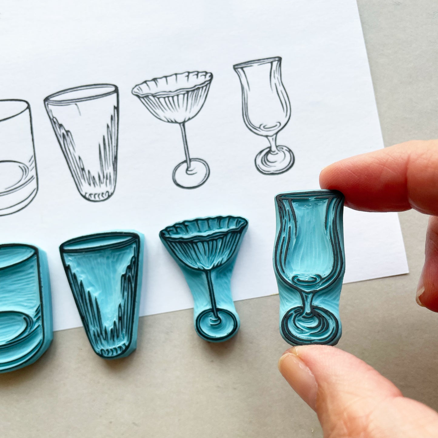 Drink Glass Rubber Stamp Set, Cocktail Bar Illustration, Vintage Kitchen Design