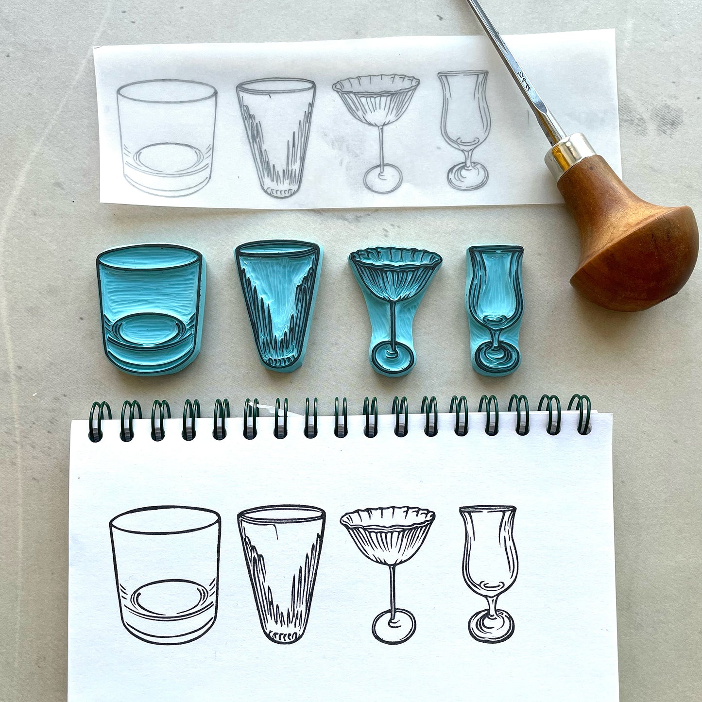 Drink Glass Rubber Stamp Set, Cocktail Bar Illustration, Vintage Kitchen Design