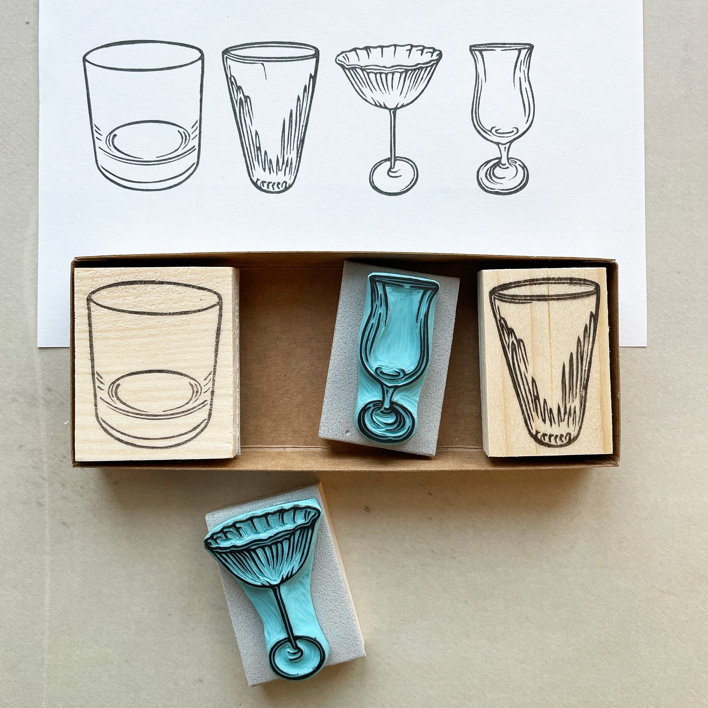 Drink Glass Rubber Stamp Set, Cocktail Bar Illustration, Vintage Kitchen Design