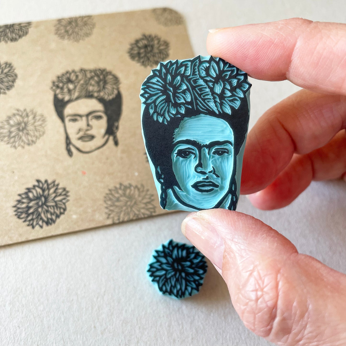 Frida Kahlo portrait rubber stamp with flower