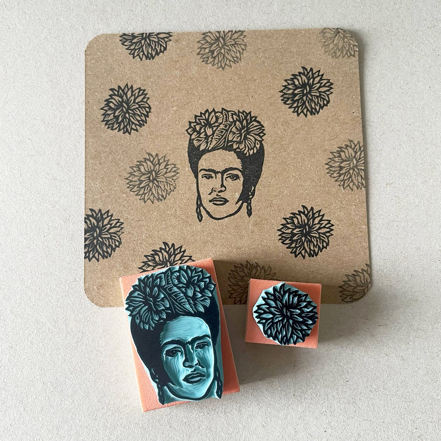 Frida Kahlo portrait rubber stamp with flower
