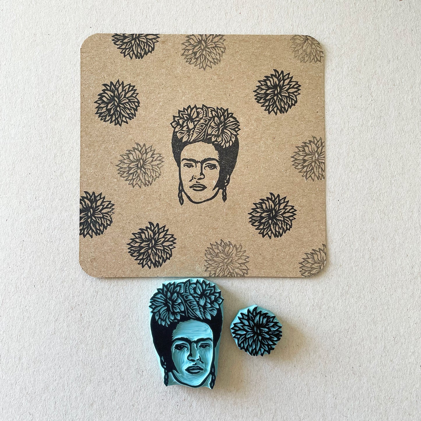 Frida Kahlo portrait rubber stamp with flower