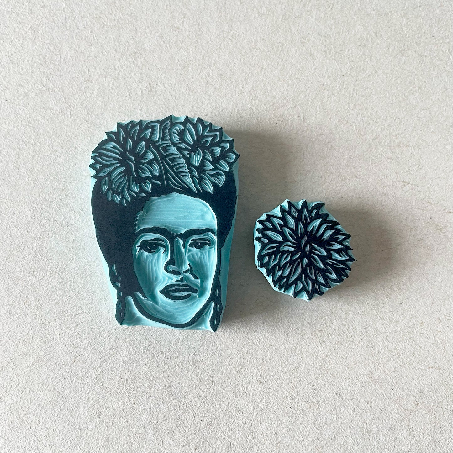 Frida Kahlo portrait rubber stamp with flower