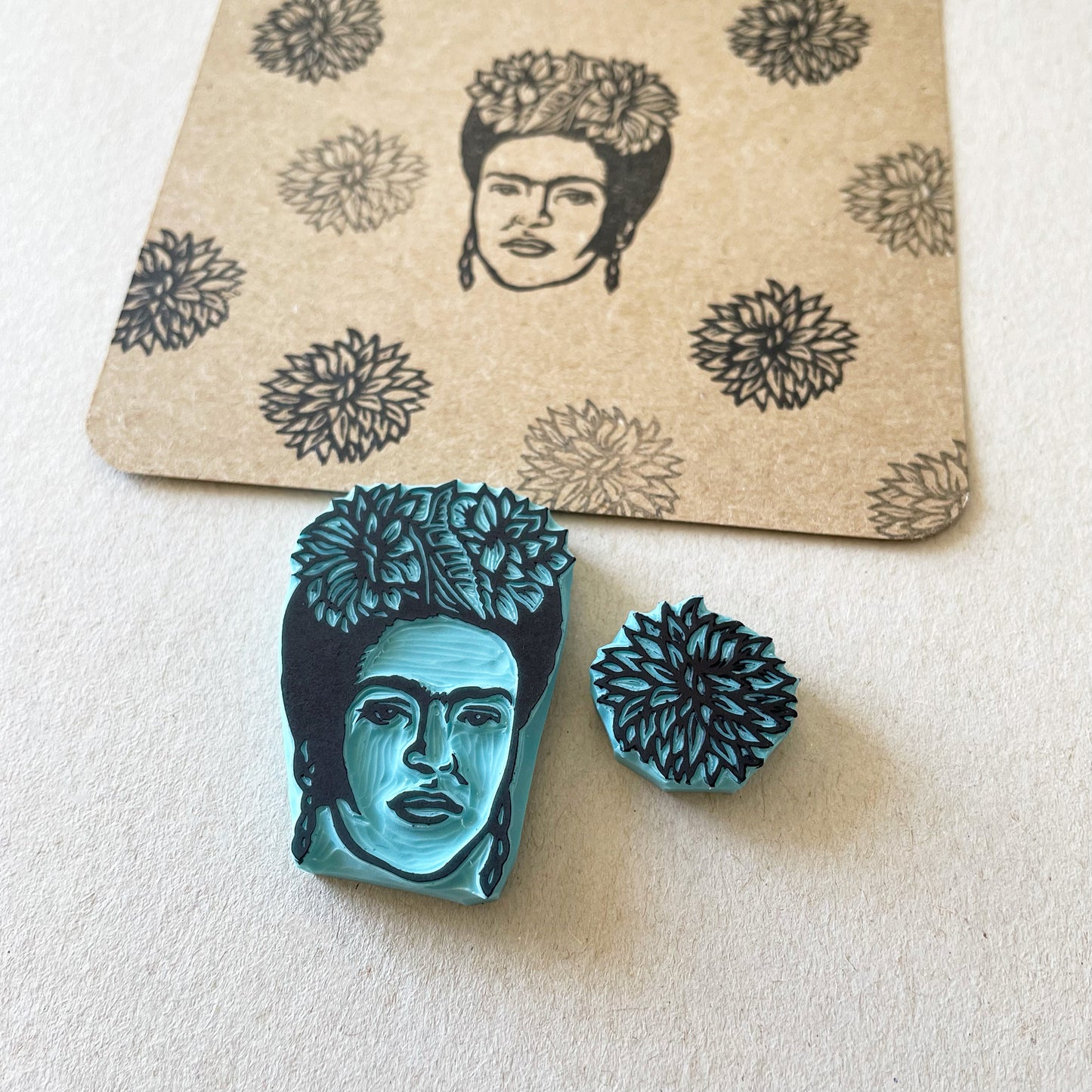 Frida Kahlo portrait rubber stamp with flower