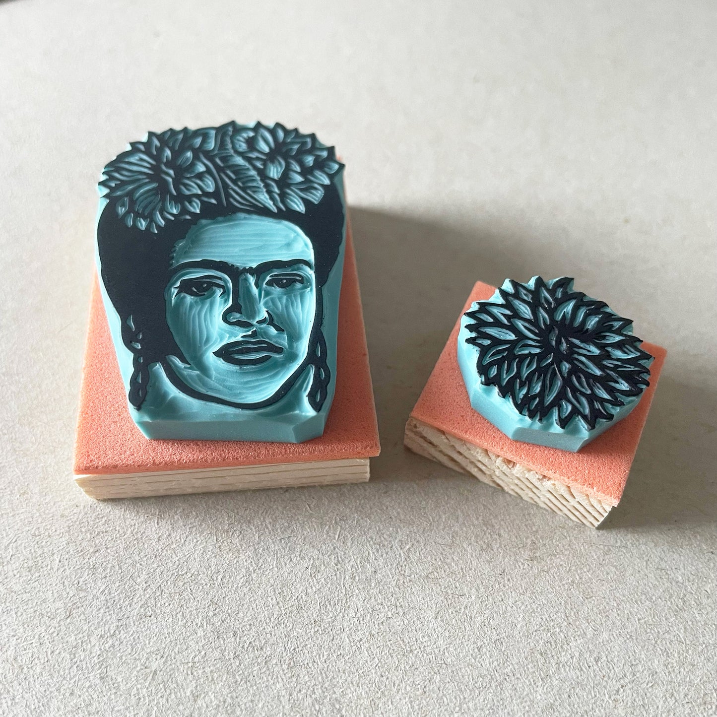 Frida Kahlo portrait rubber stamp with flower