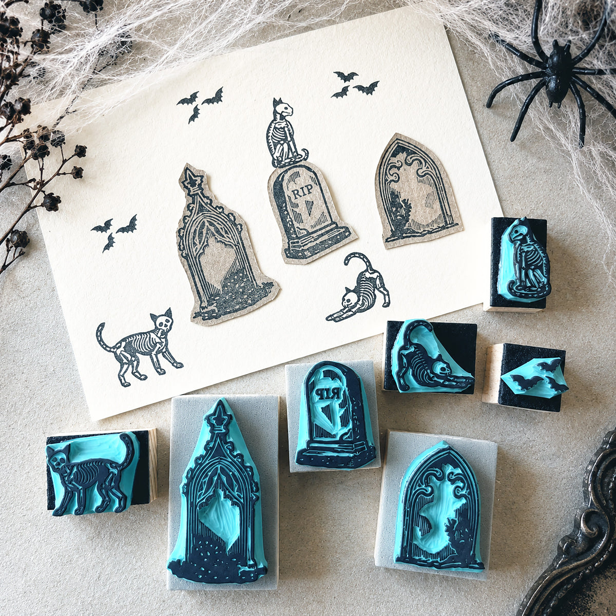 Halloween spooky-cute mini rubber stamps of cats on a graveyard