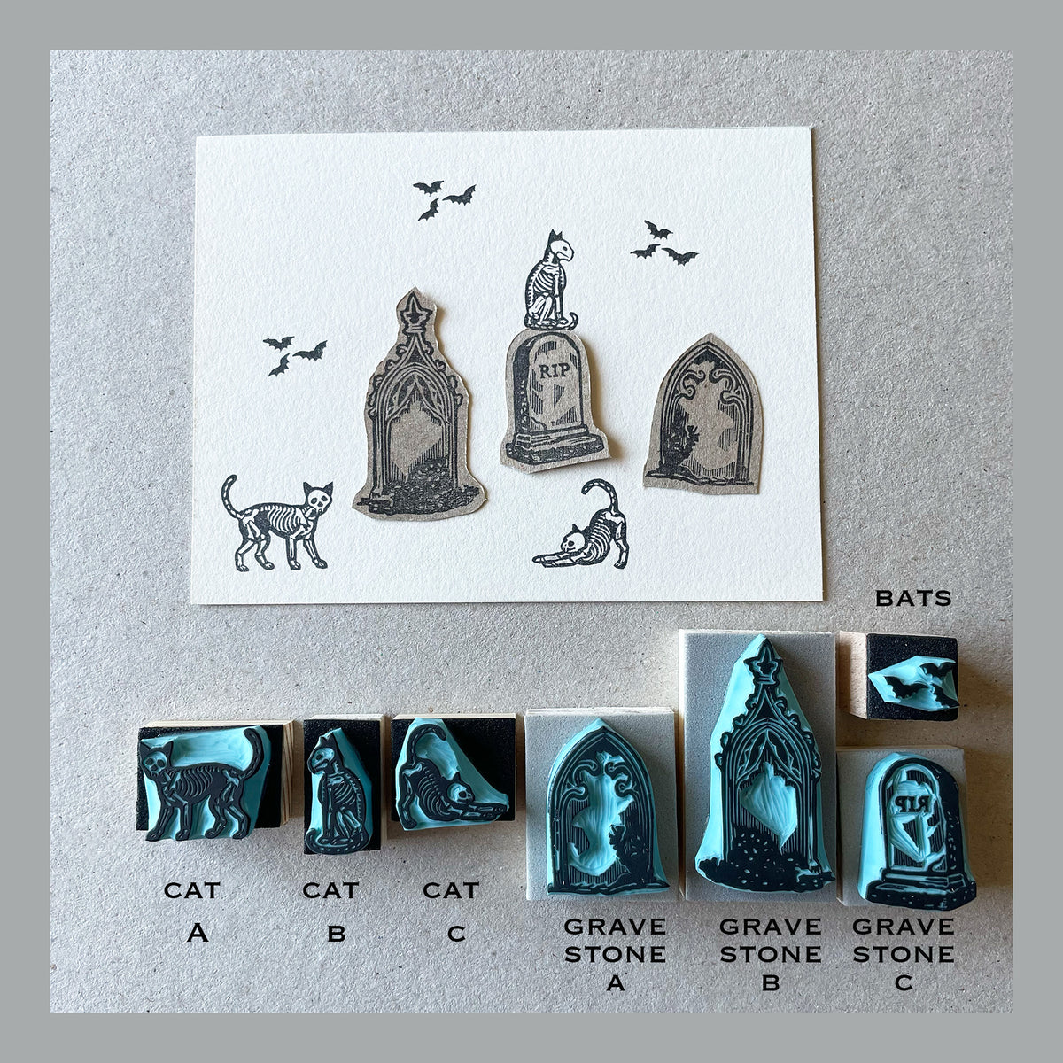 Halloween spooky-cute mini rubber stamps of cats on a graveyard