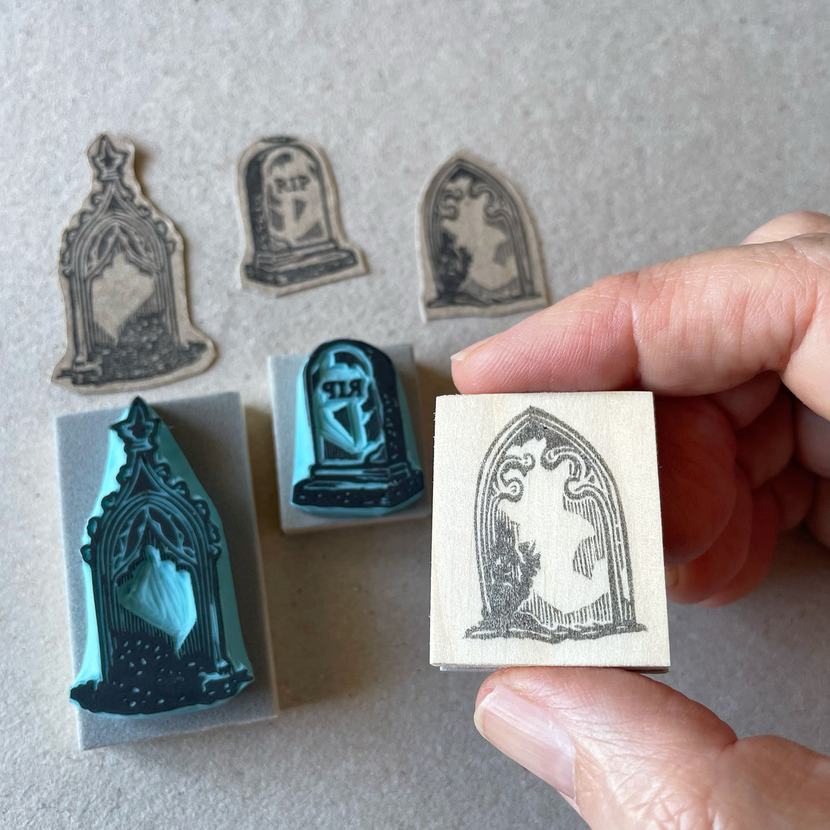 Skeleton walking a dog rubber stamps on a graveyard for Halloween spooky-cute stamping