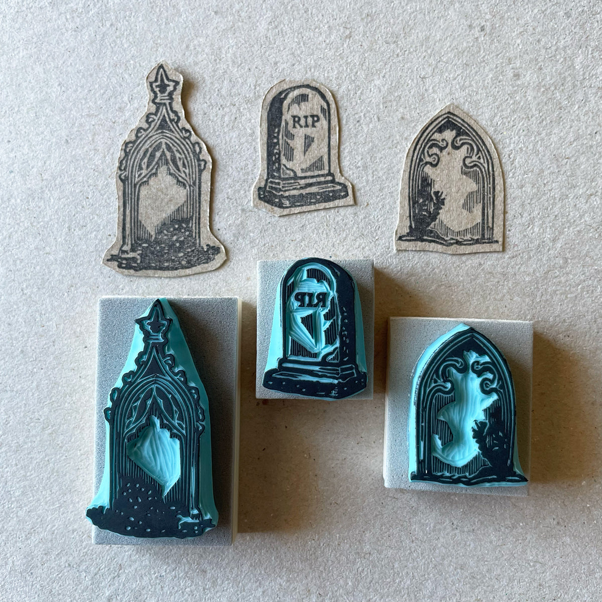 Skeleton walking a dog rubber stamps on a graveyard for Halloween spooky-cute stamping