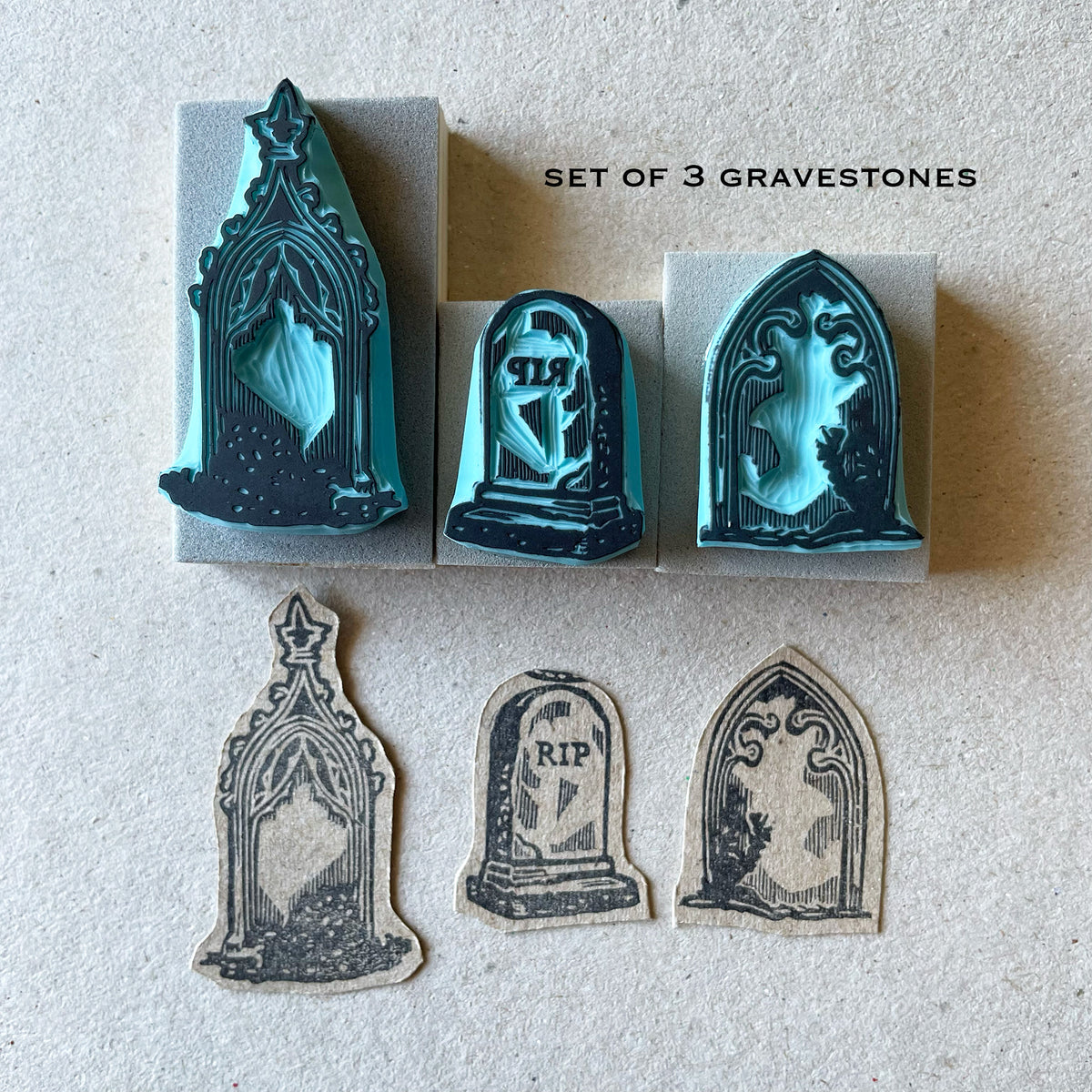 Skeleton walking a dog rubber stamps on a graveyard for Halloween spooky-cute stamping