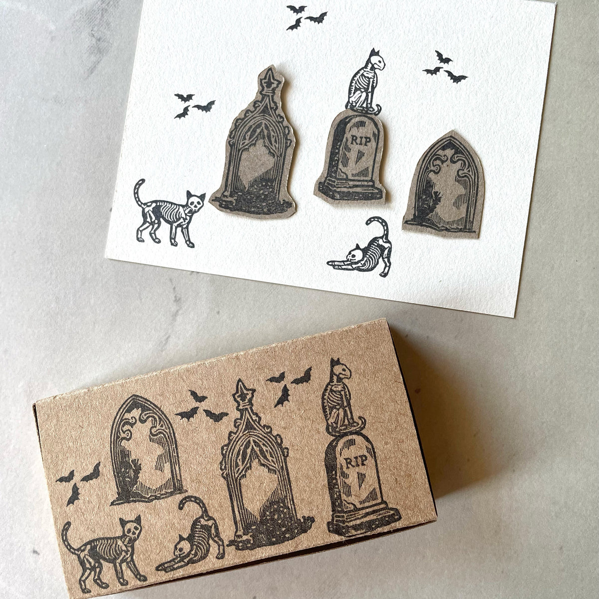 Halloween spooky-cute mini rubber stamps of cats on a graveyard