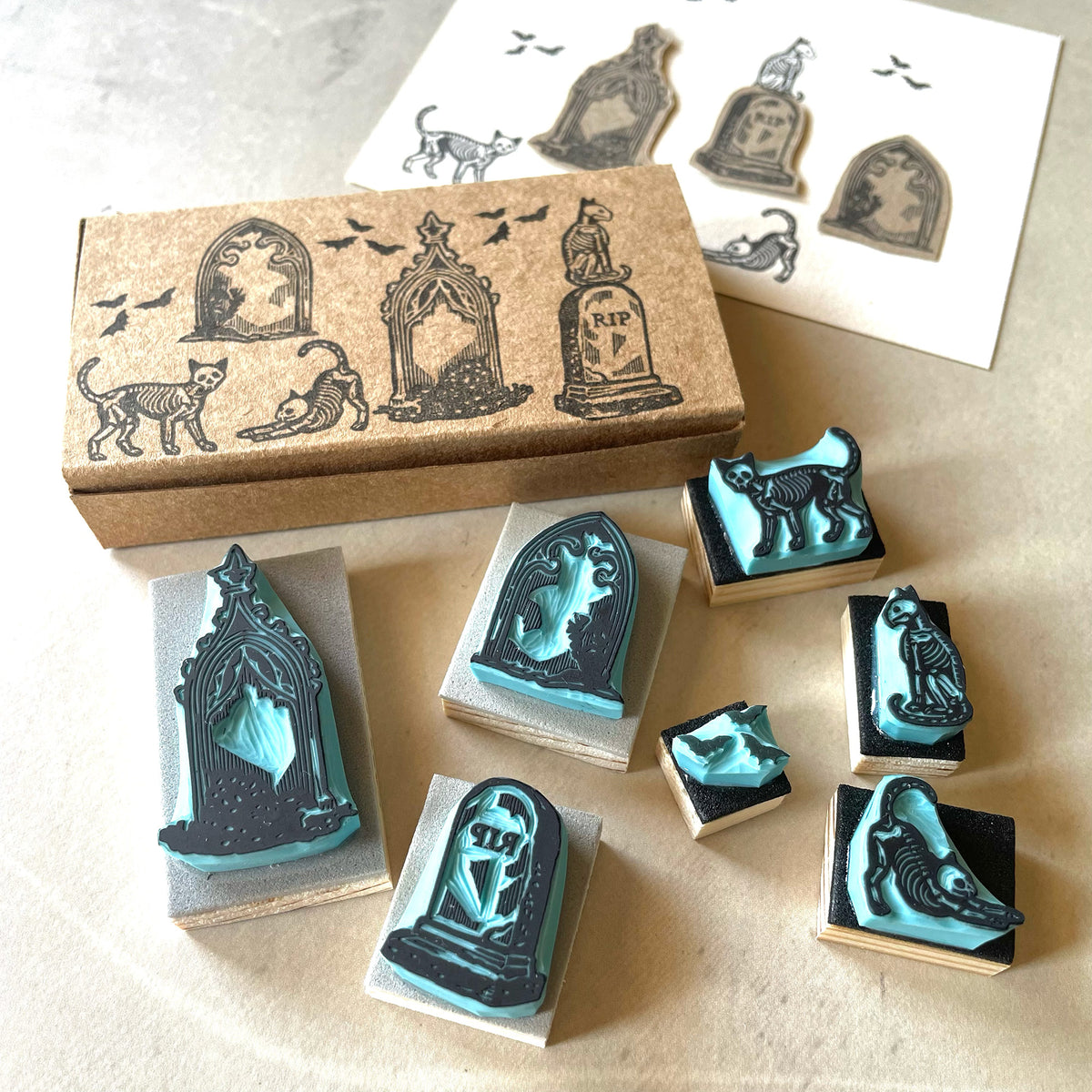 Halloween spooky-cute mini rubber stamps of cats on a graveyard