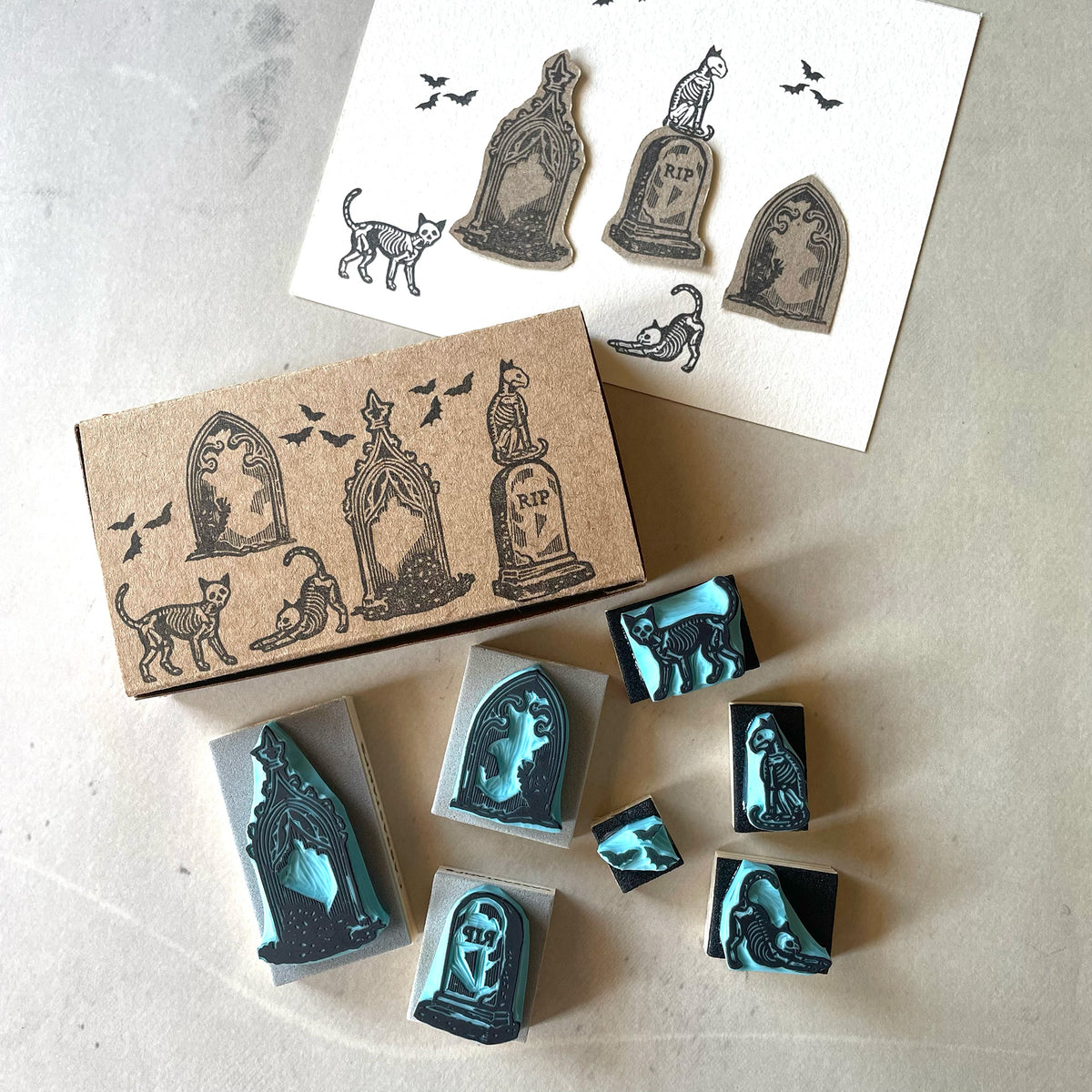 Halloween spooky-cute mini rubber stamps of cats on a graveyard