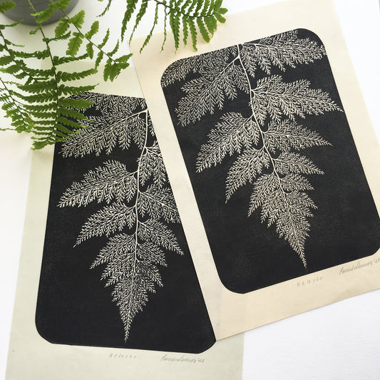 Botanical block print of a fern leaf