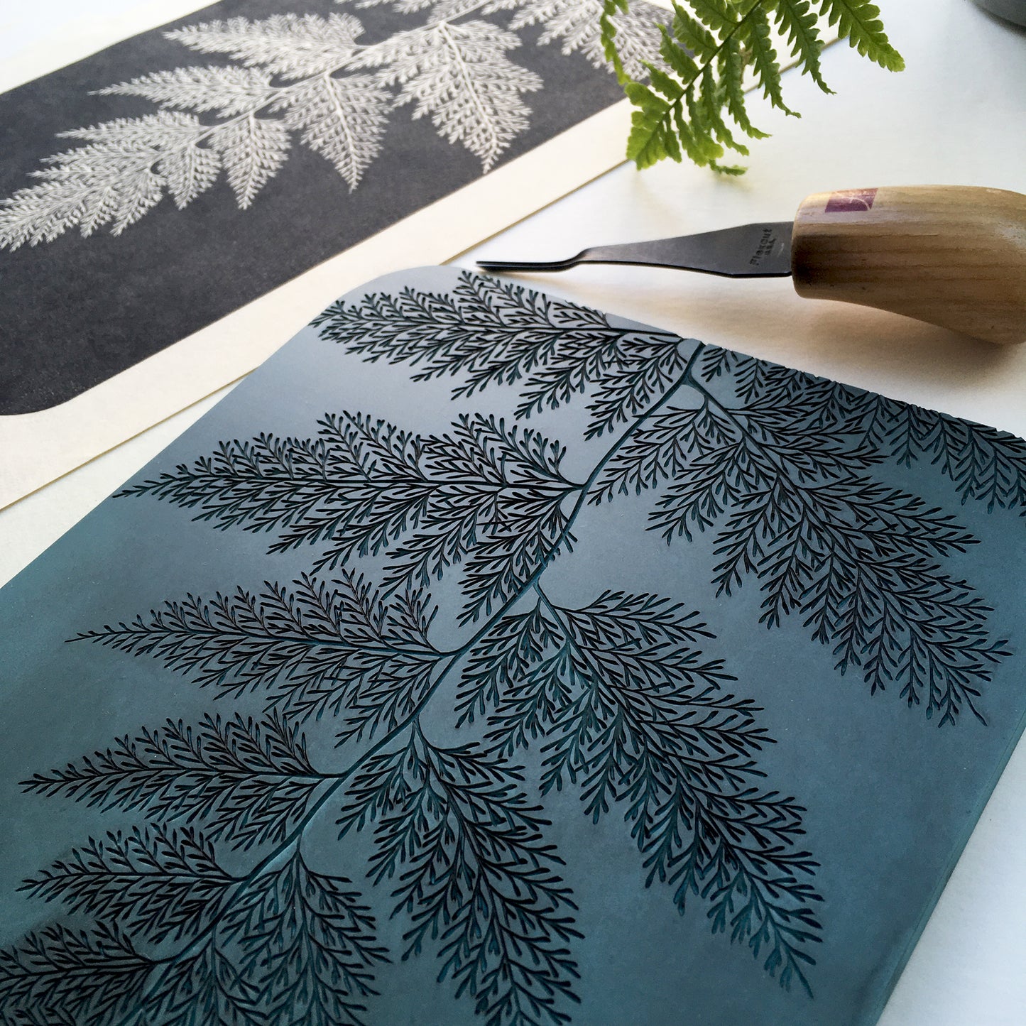 Botanical block print of a fern leaf