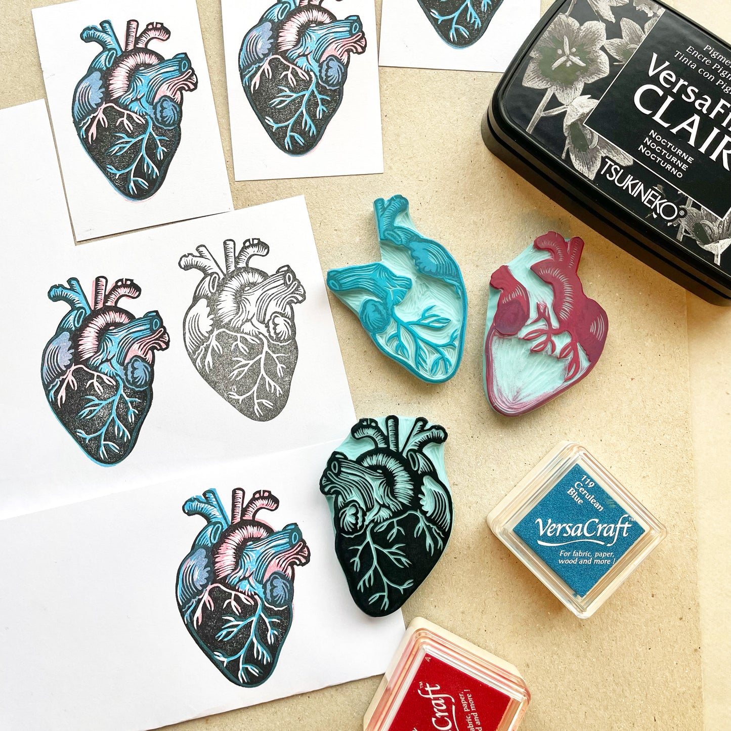 Human heart rubber stamp set of 3 stamps for 3 color stamping