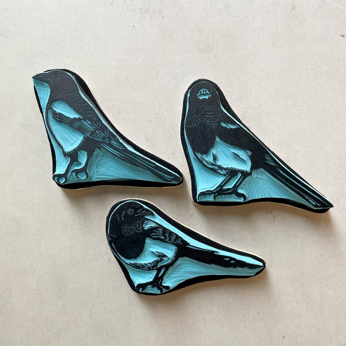 Hand-Carved Magpie Rubber Stamp, 3 Unique Bird Designs for Crafts, Journaling & Scrapbooking