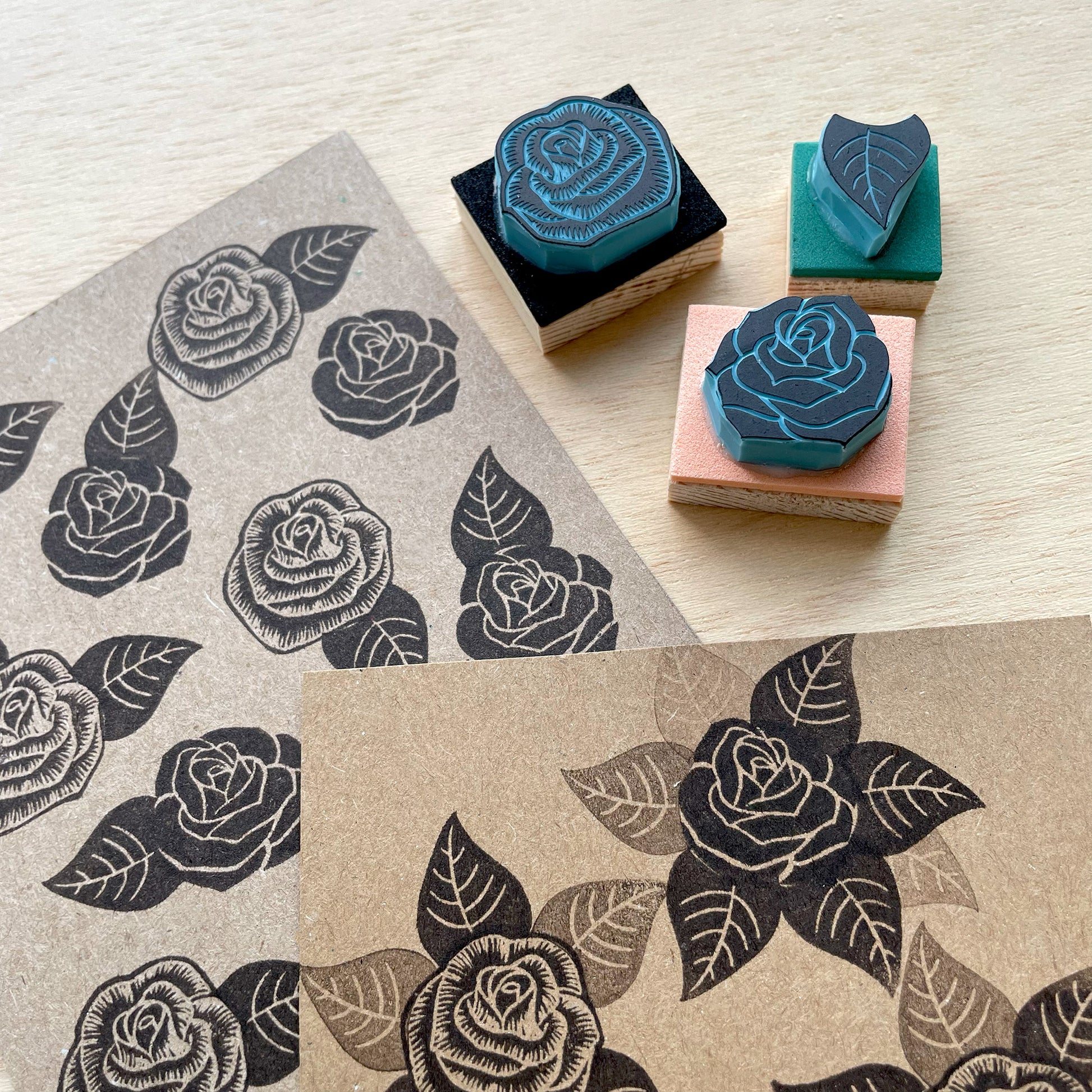 Rose stamp set on paper with stamp impressions