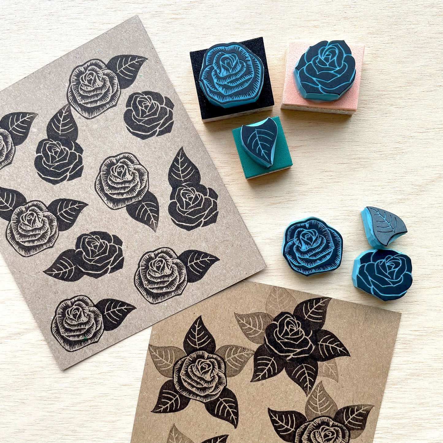 Small rubber stamps of roses and leaf to mix and match