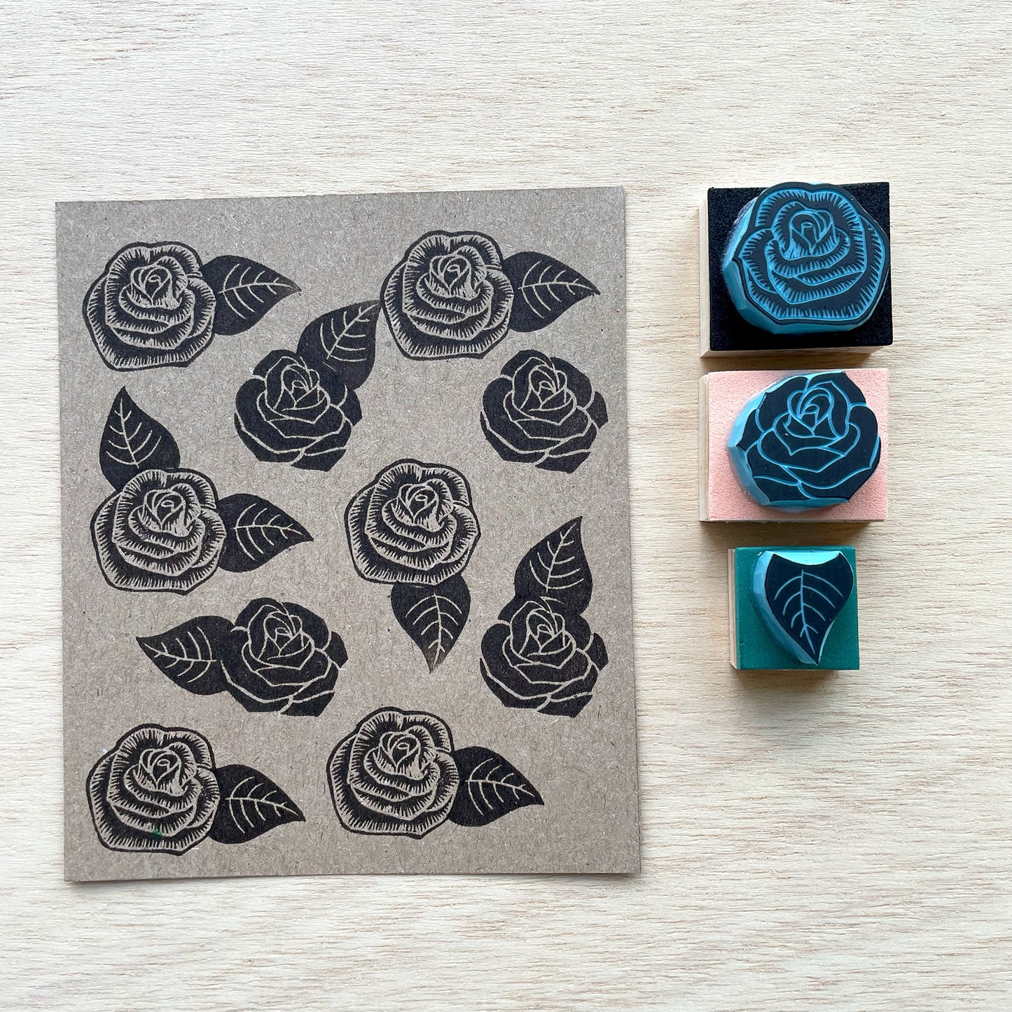 Small rubber stamps of roses and leaf to mix and match