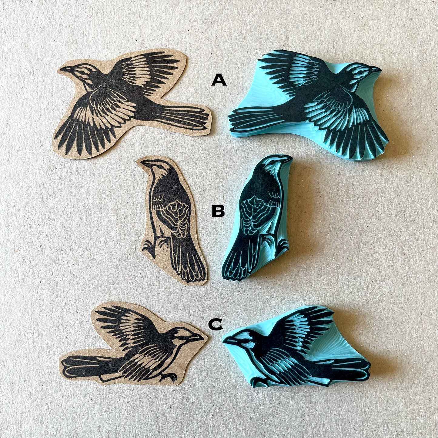 hree mockingbird rubber stamp designs with letters A B C