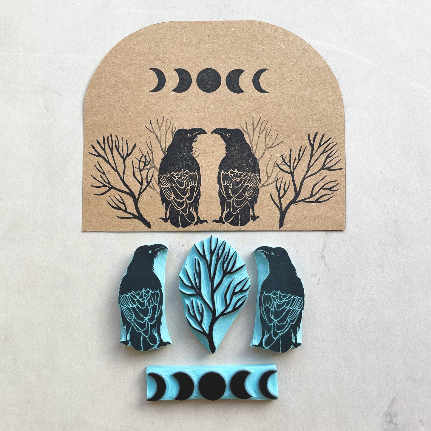 Rubber stamp set of Ravens with branch and moon phases