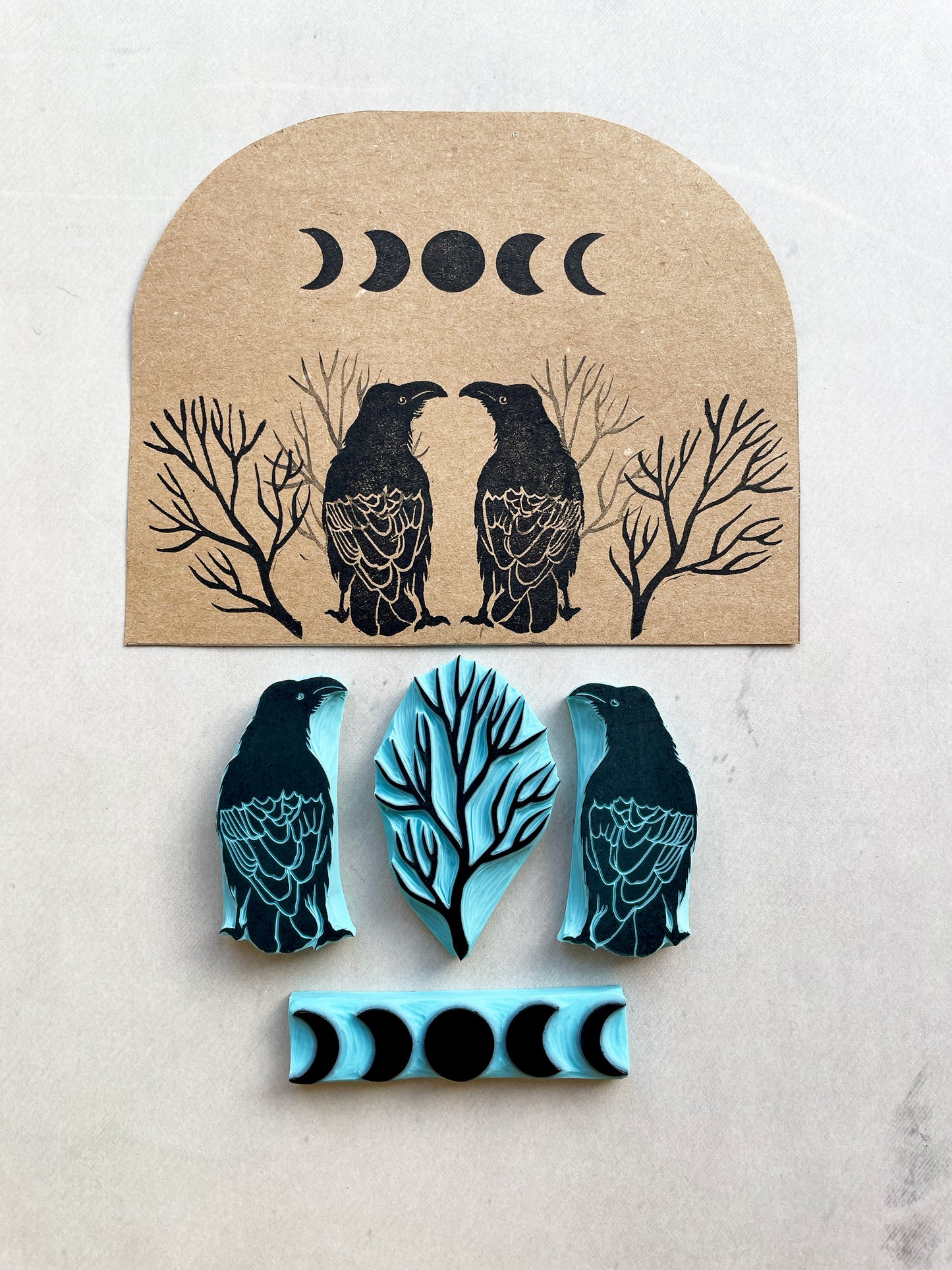 Rubber stamp set of Ravens with branch and moon phases