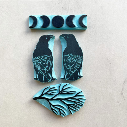 Rubber stamp set of Ravens with branch and moon phases