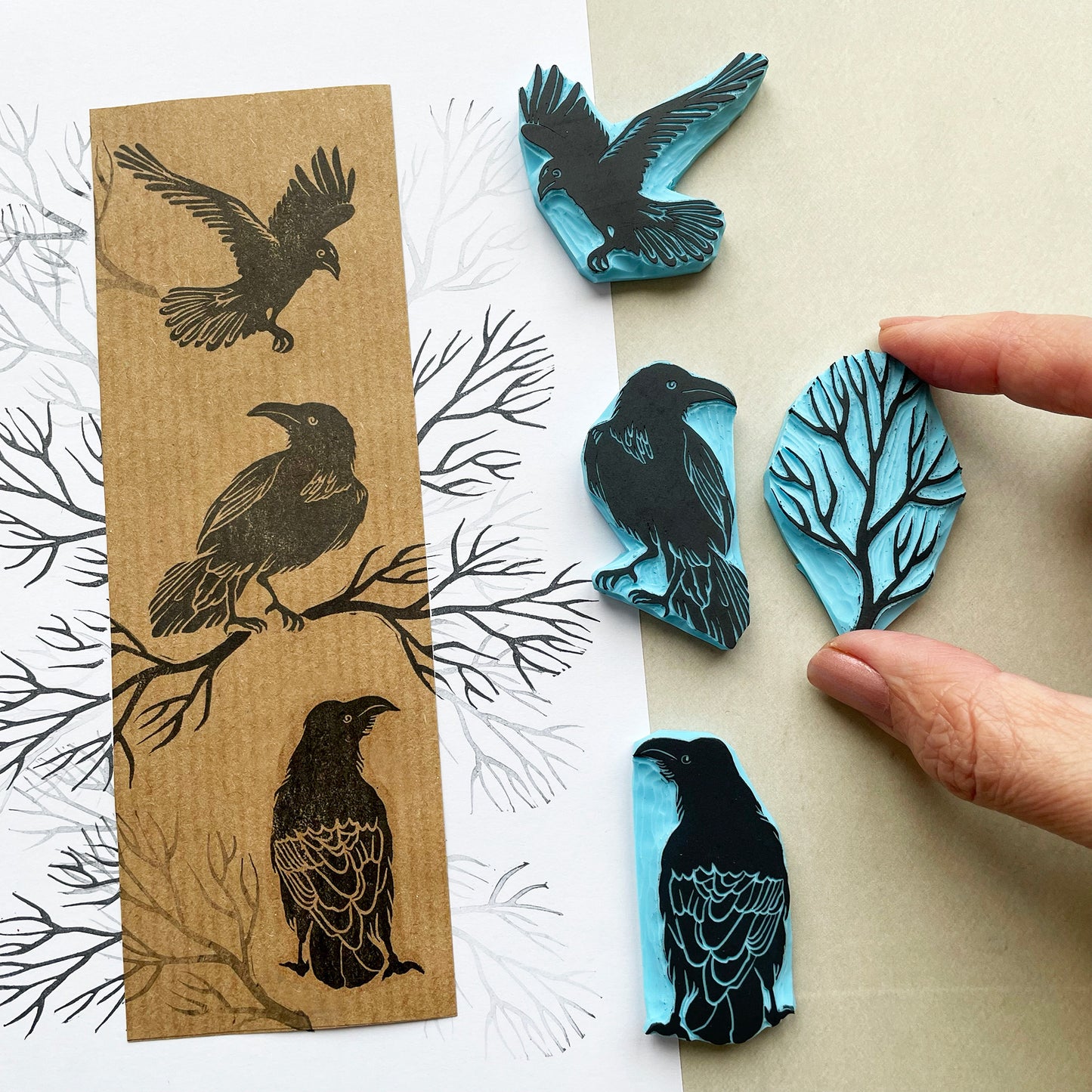 Raven rubber stamps, tree branch rubber stamp