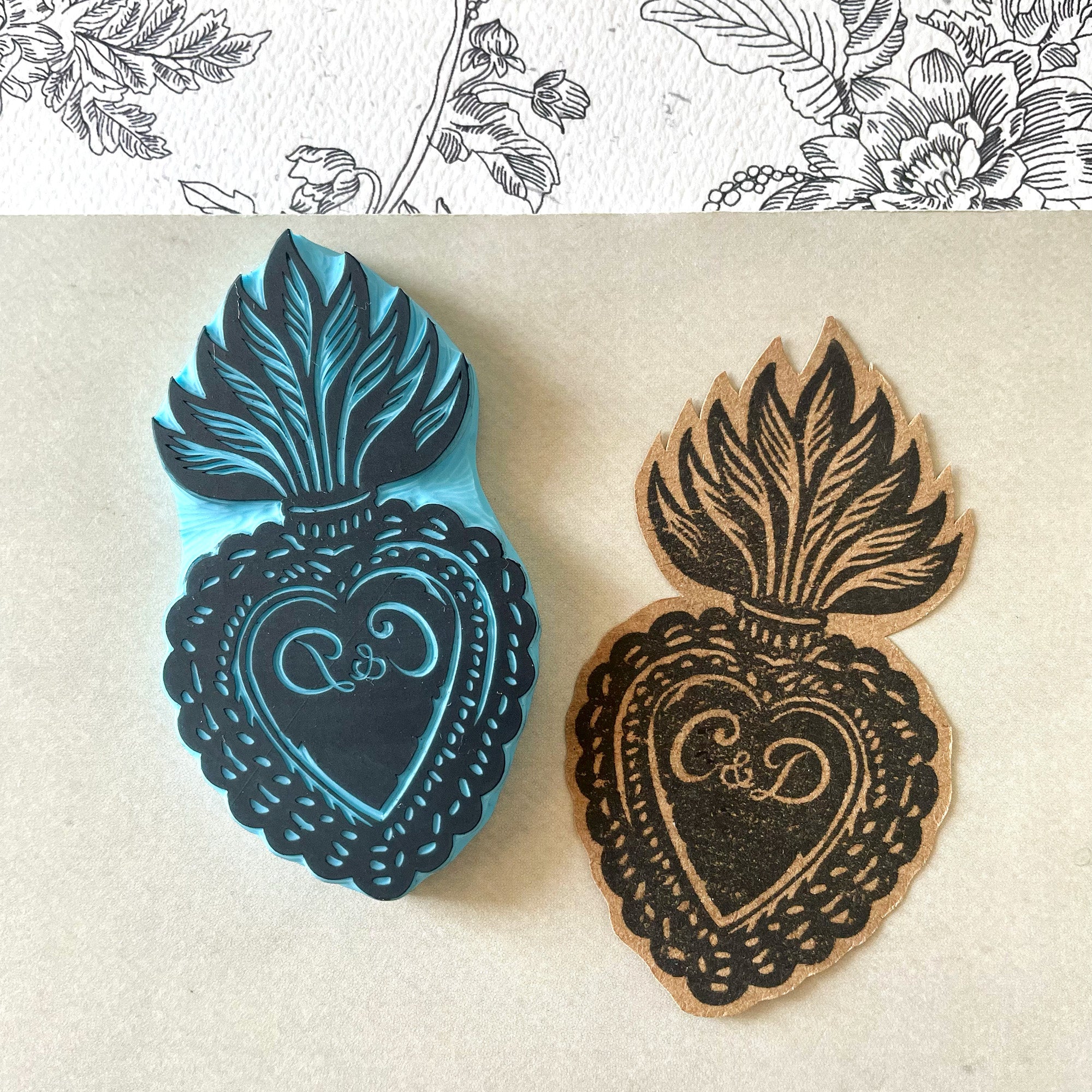 Monogram Sacred Heart Rubber Stamp Custom Initials Hand Carved Stamp ...