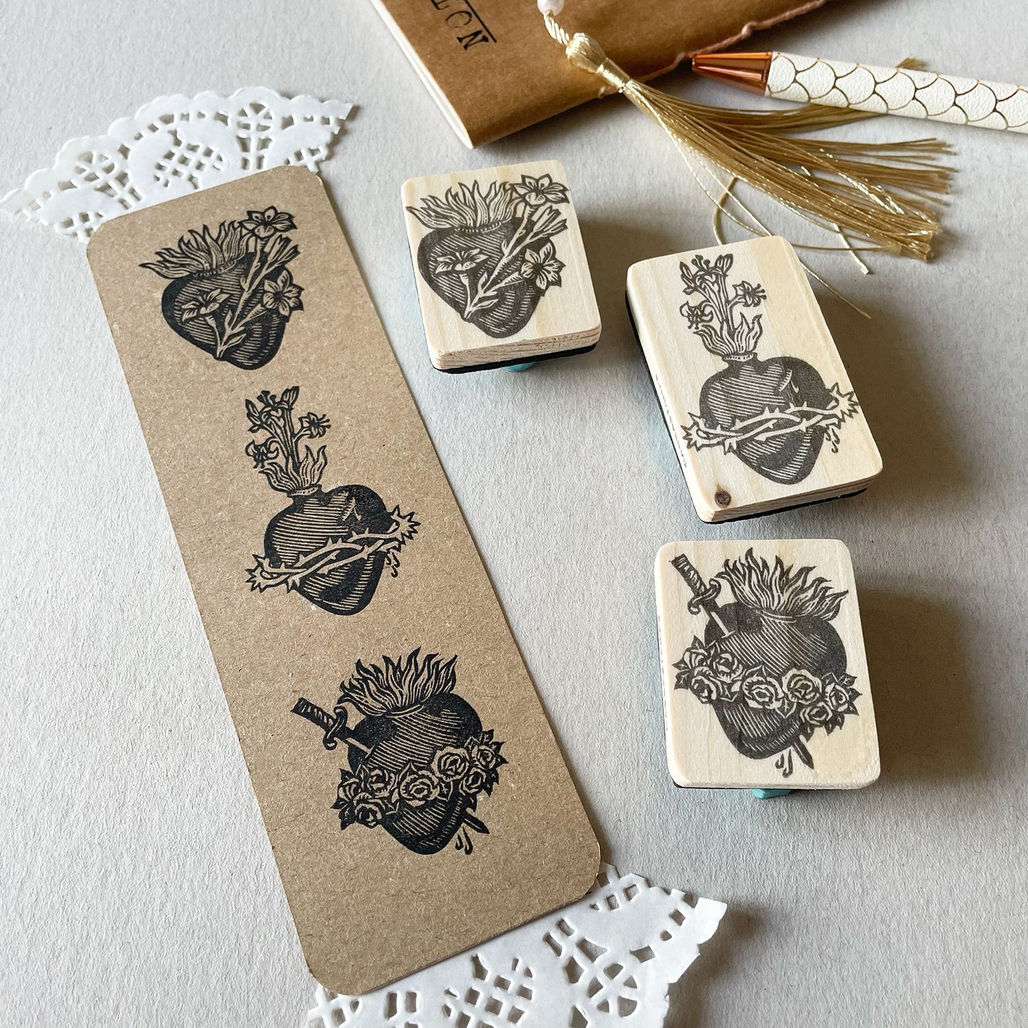 Sacred Heart Rubber Stamp Set — Hand Carved Floral Hearts with Lilies, Roses & Thorns, Vintage Religious Style