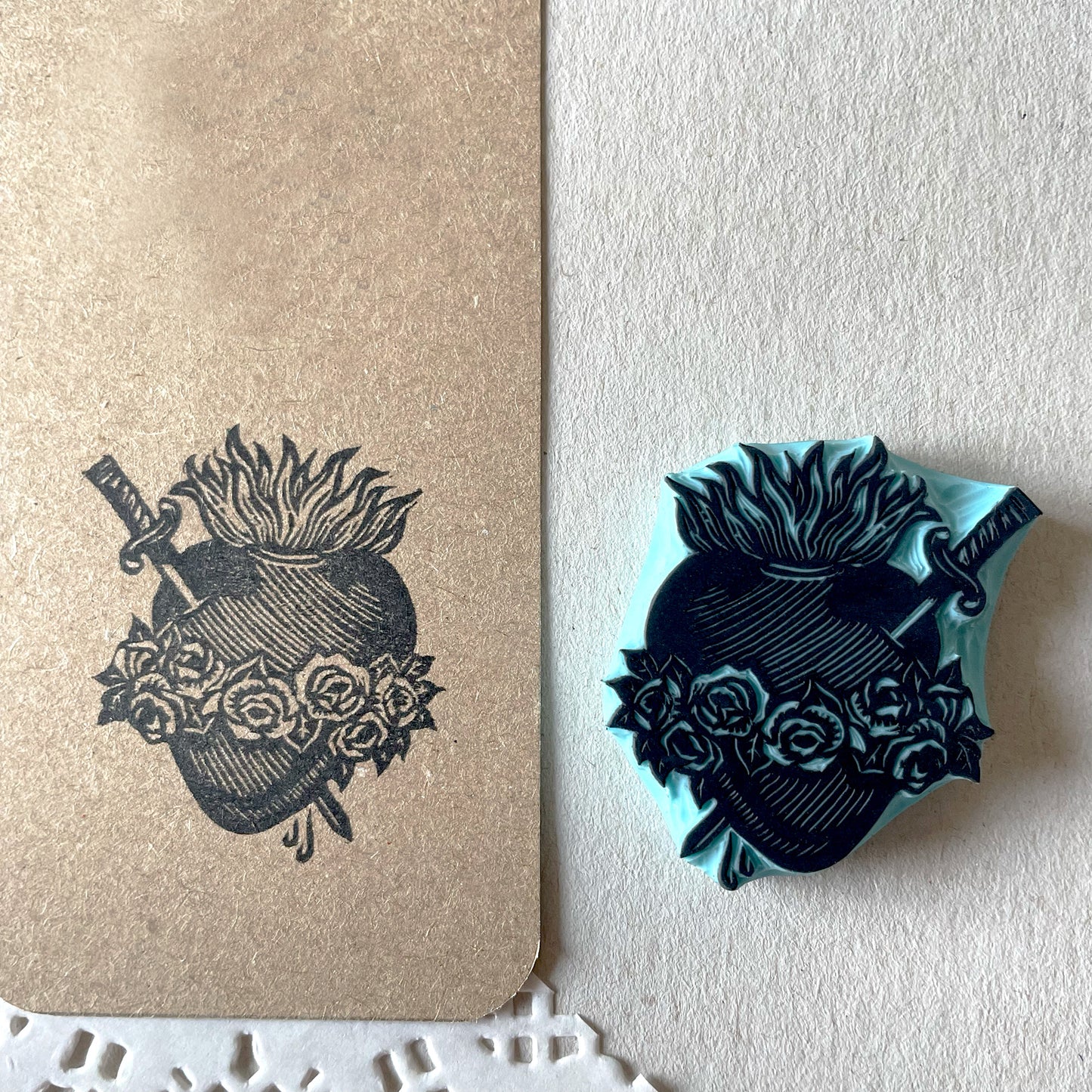 Sacred Heart Rubber Stamp Set — Hand Carved Floral Hearts with Lilies, Roses & Thorns, Vintage Religious Style
