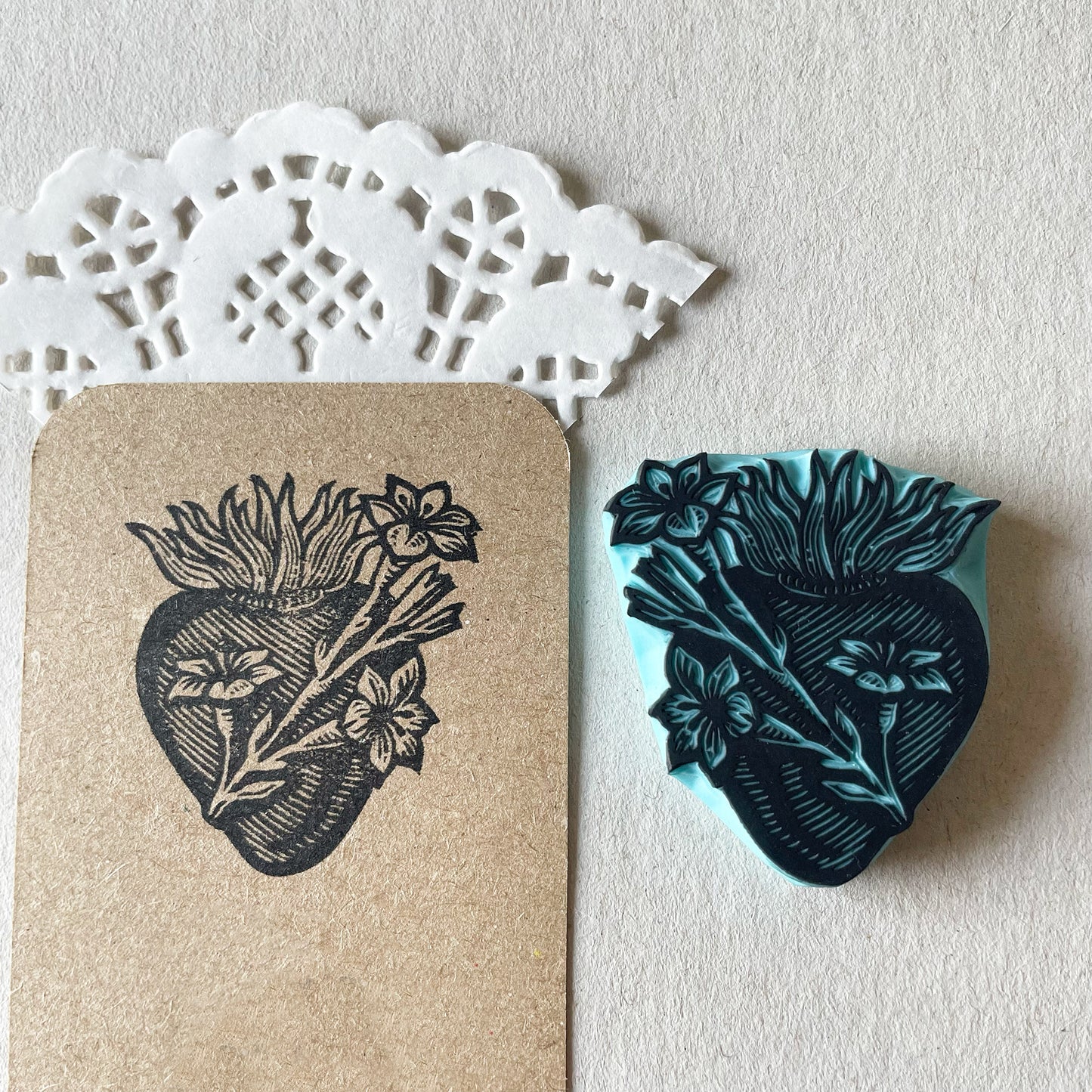 Sacred Heart Rubber Stamp Set — Hand Carved Floral Hearts with Lilies, Roses & Thorns, Vintage Religious Style