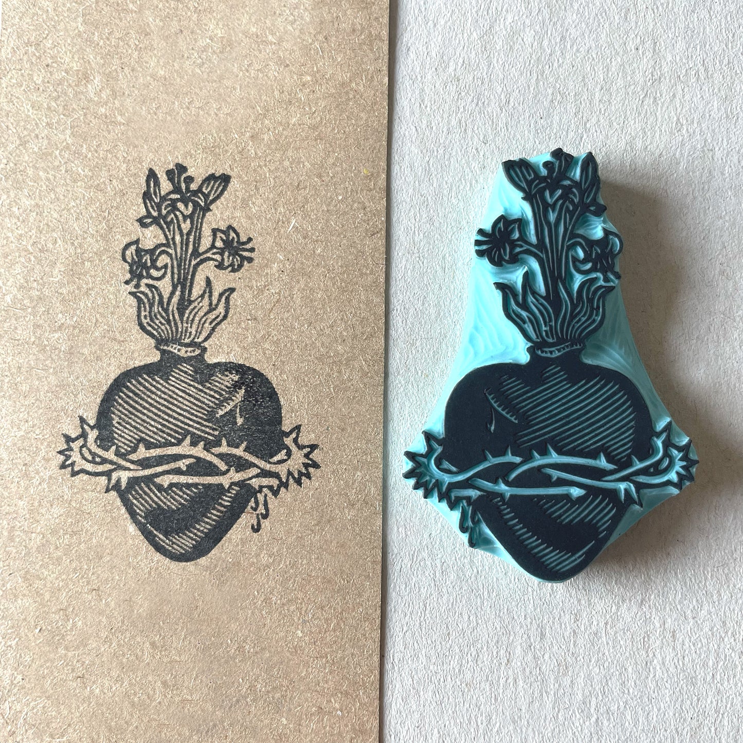 Sacred Heart Rubber Stamp Set — Hand Carved Floral Hearts with Lilies, Roses & Thorns, Vintage Religious Style
