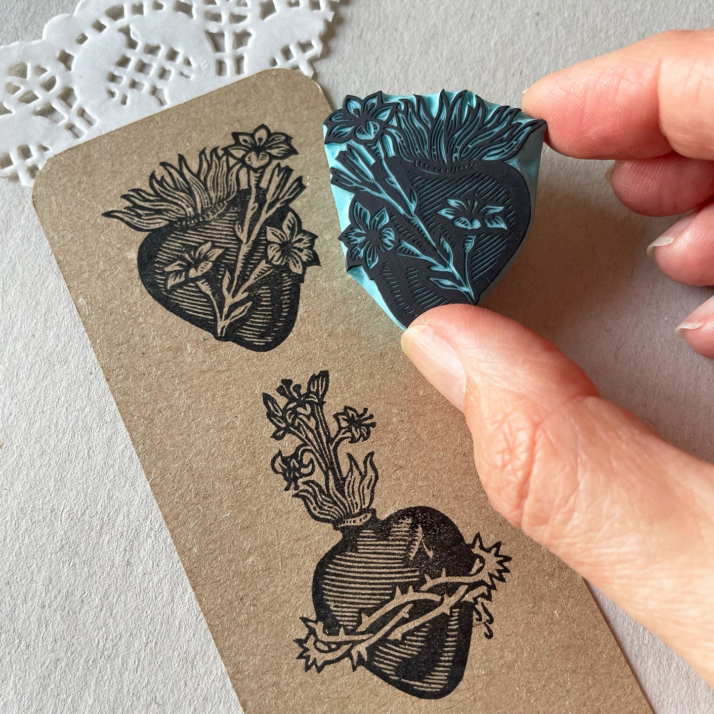Sacred Heart Rubber Stamp Set — Hand Carved Floral Hearts with Lilies, Roses & Thorns, Vintage Religious Style