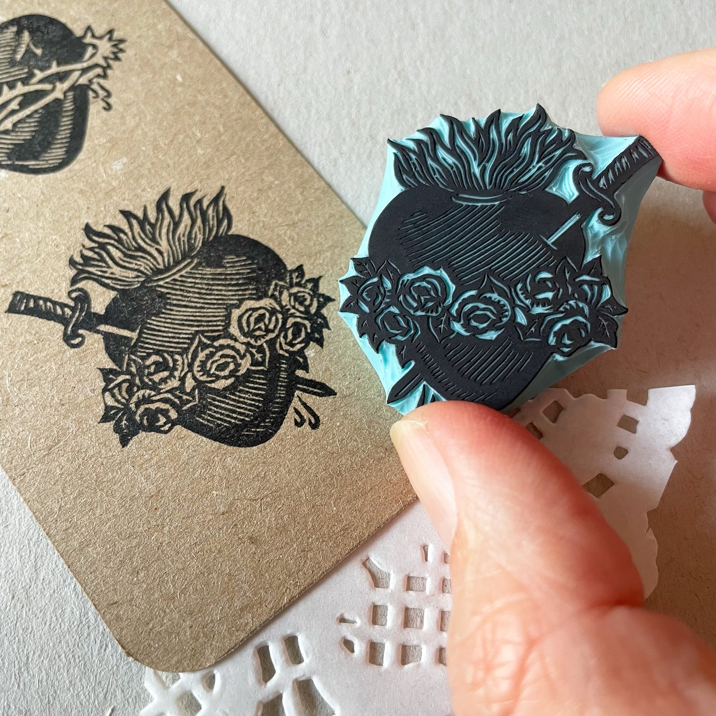 Sacred Heart Rubber Stamp Set — Hand Carved Floral Hearts with Lilies, Roses & Thorns, Vintage Religious Style